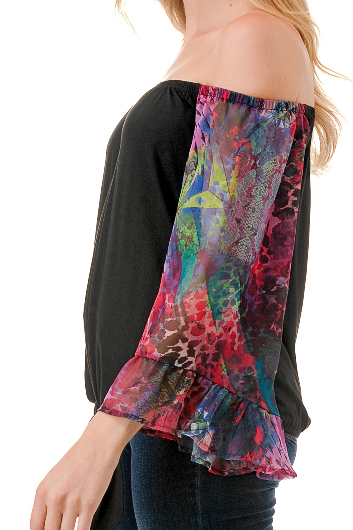 HARRIET OFF SHOULDER TOP (BLACK / FANTASY)- VT2509