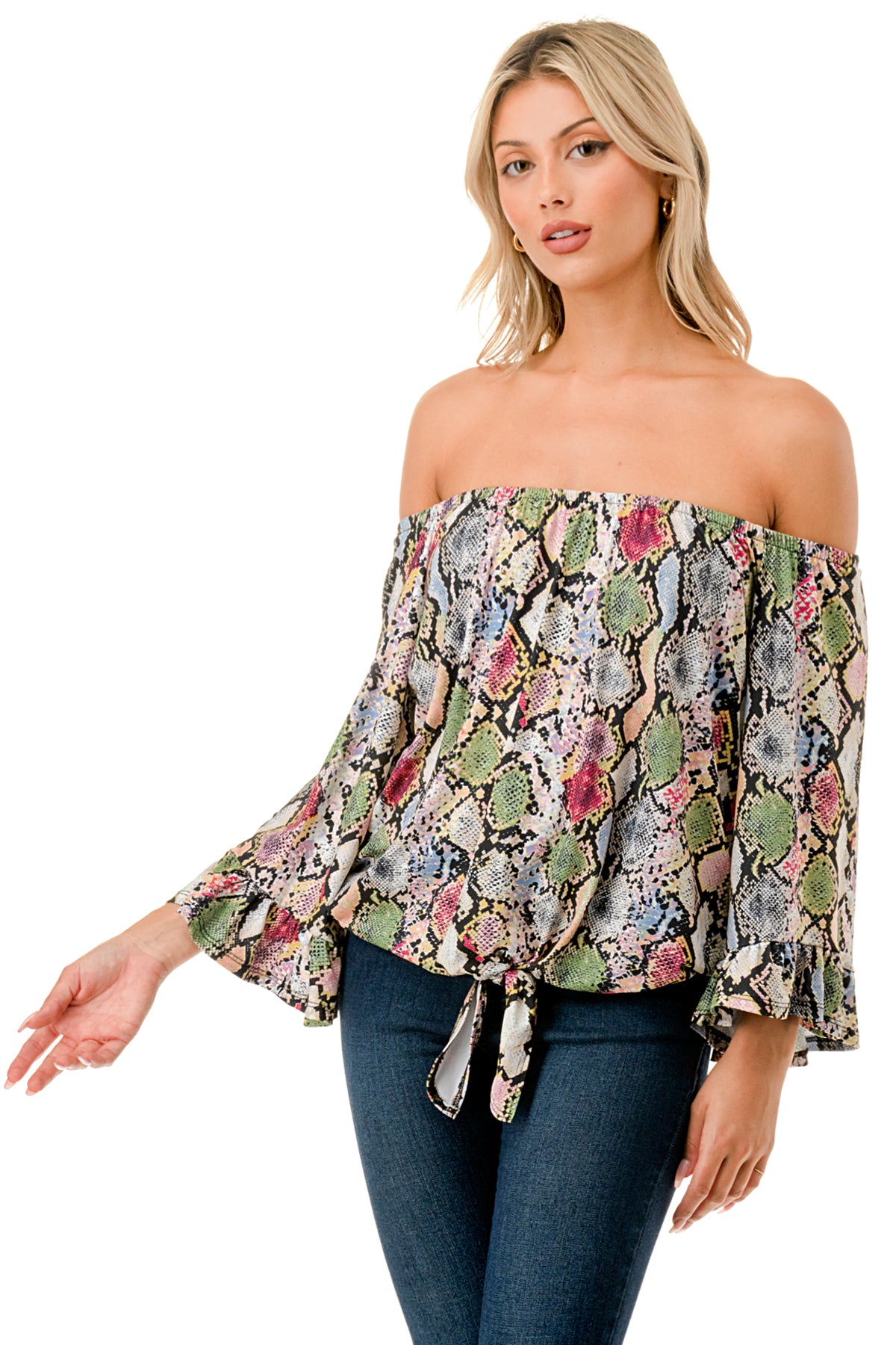 HARRIET OFF SHOULDER TOP (MULTI SNAKE)- VT2509