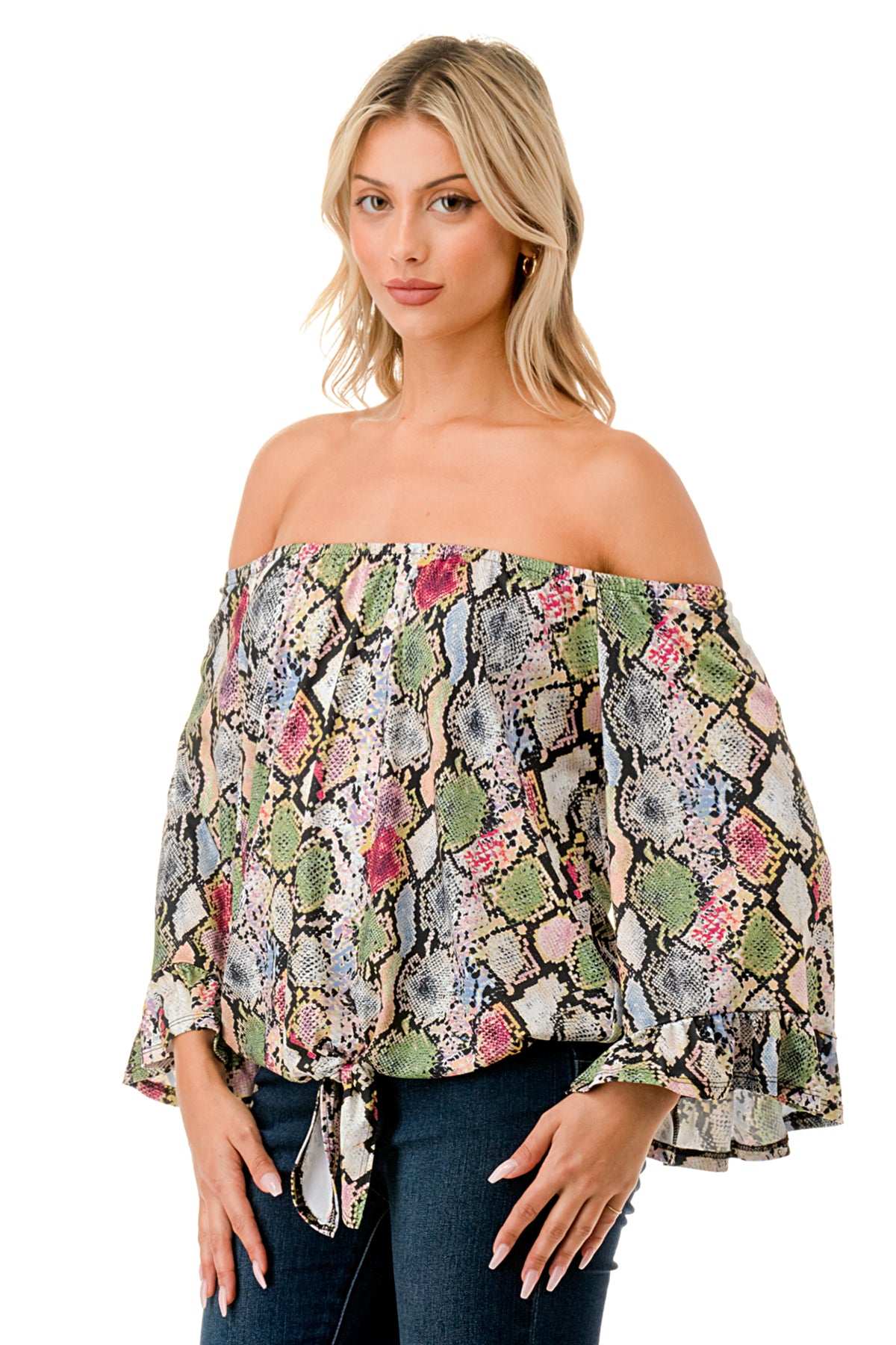 HARRIET OFF SHOULDER TOP (MULTI SNAKE)- VT2509