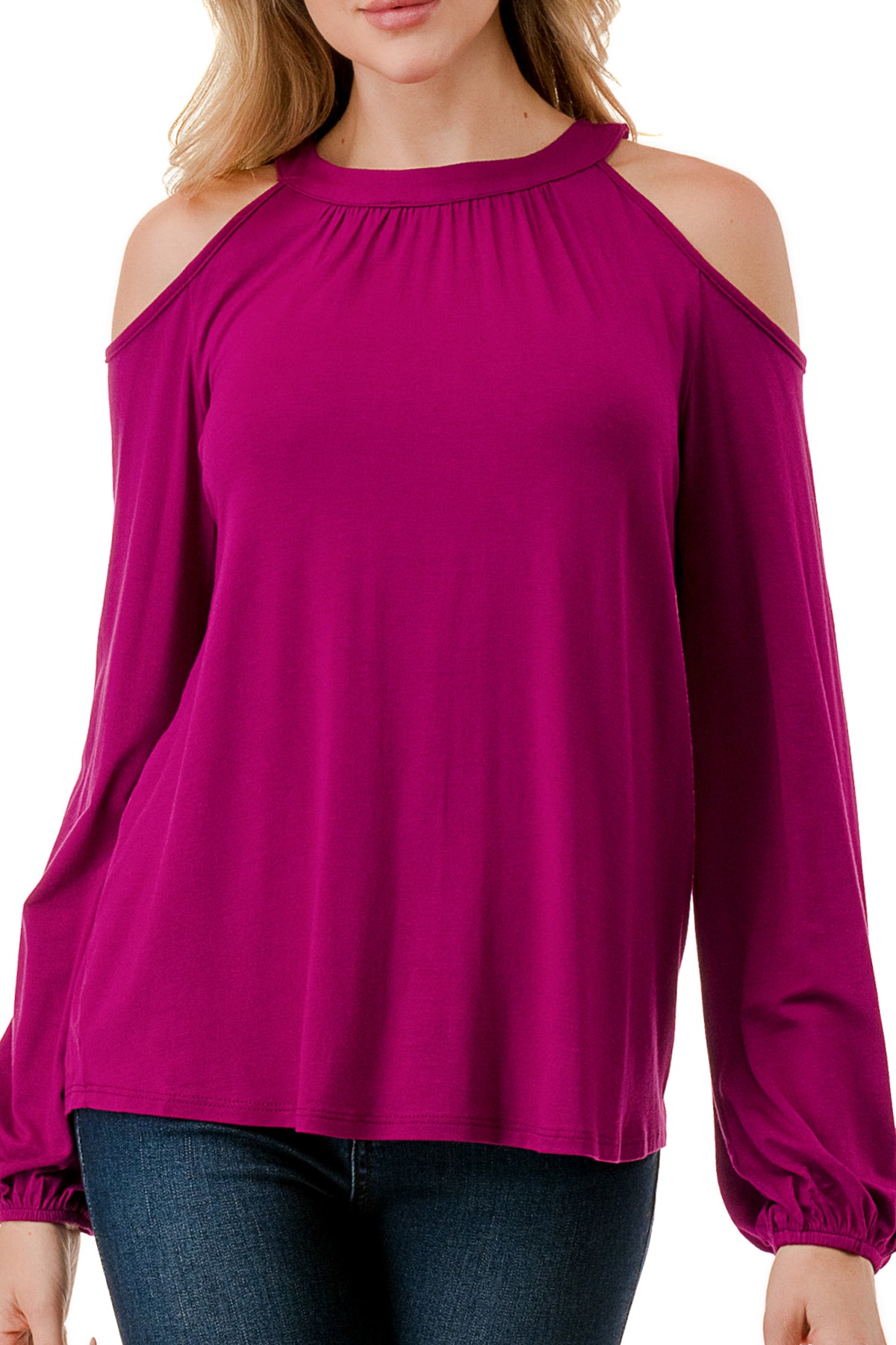 MICHELLE COLD SHOULDER TOP (MAGENTA)-VT2609