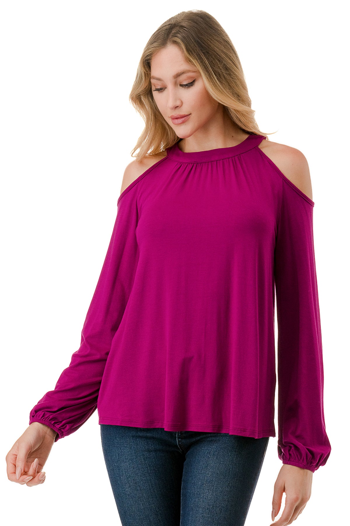 MICHELLE COLD SHOULDER TOP (MAGENTA)-VT2609