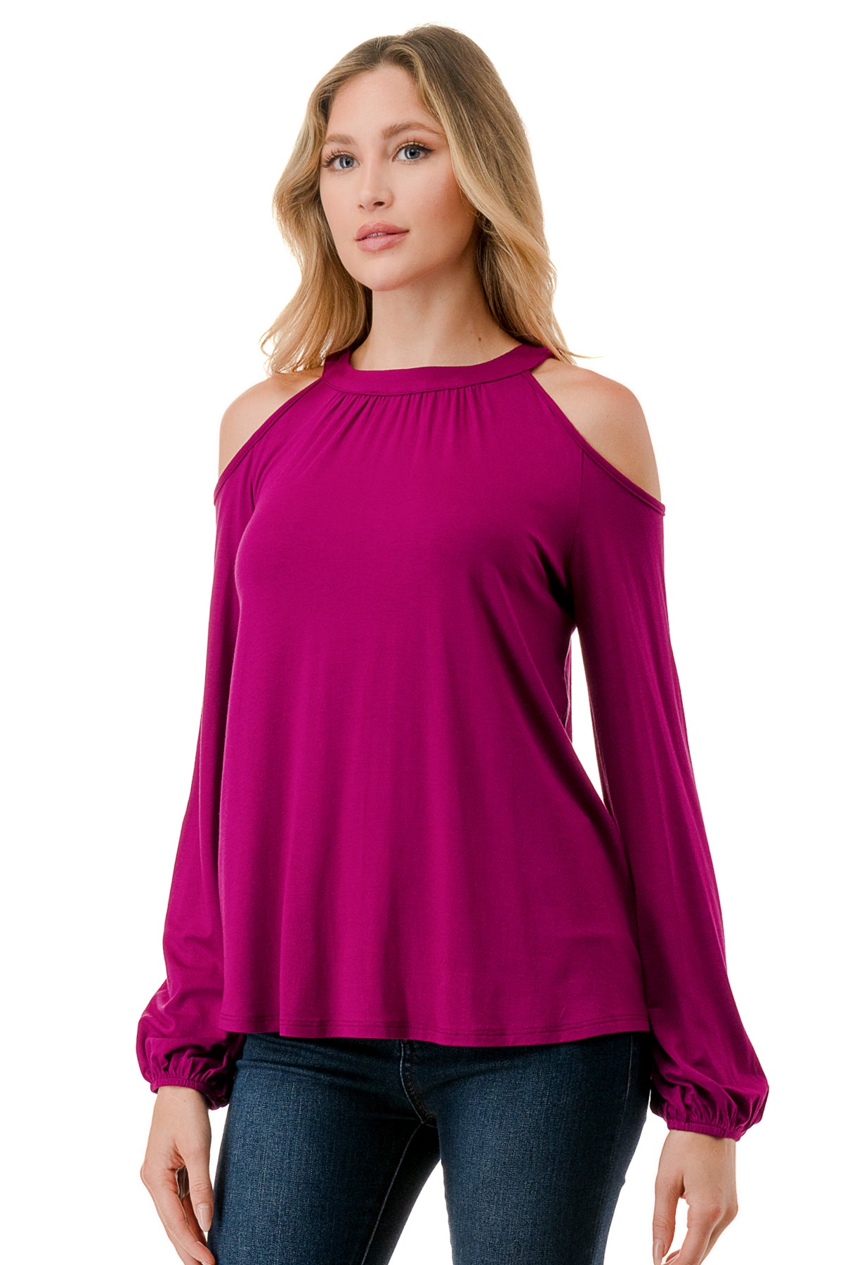 MICHELLE COLD SHOULDER TOP (MAGENTA)-VT2609