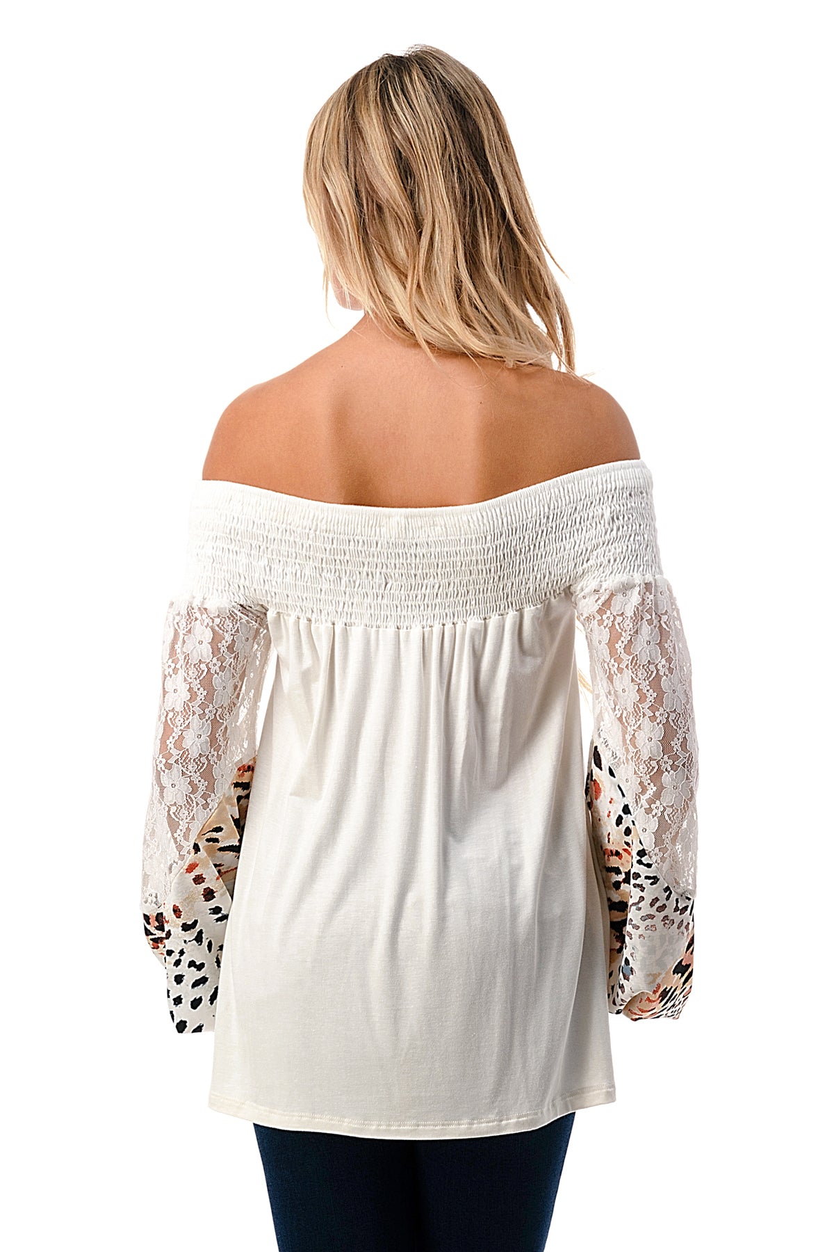 CHEVRON OFF SHOULDER TOP (IVORY / WHITE LEOPARD)- VT2646