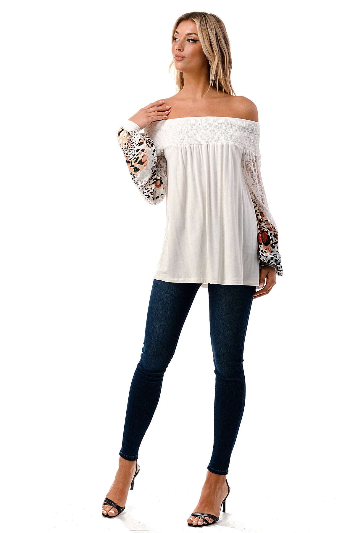 CHEVRON OFF SHOULDER TOP (IVORY / WHITE LEOPARD)- VT2646