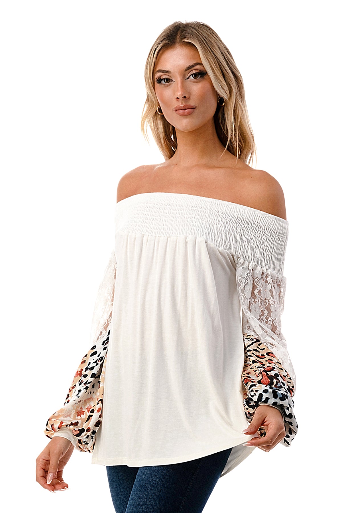 CHEVRON OFF SHOULDER TOP (IVORY / WHITE LEOPARD)- VT2646
