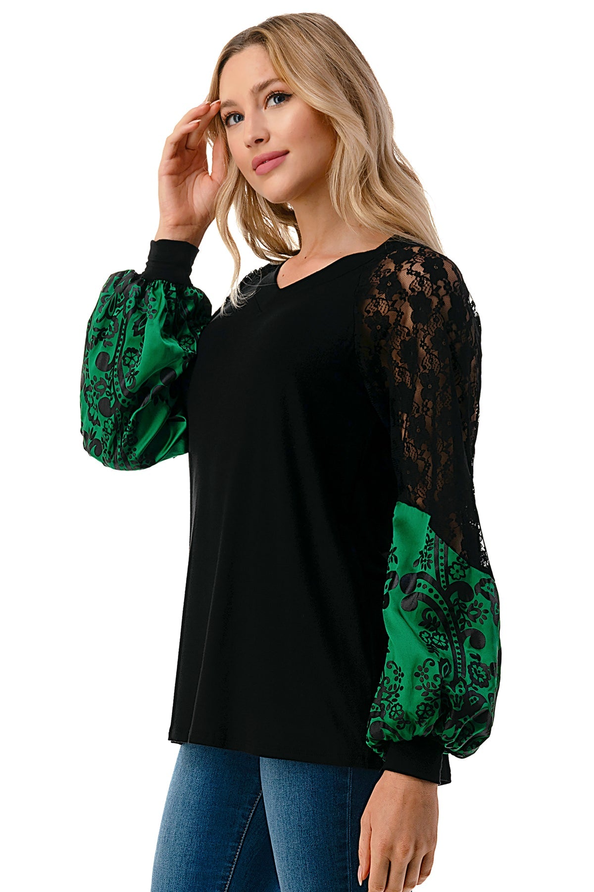 GINA V NECK TOP (BLACK/GREEN FLORAL SILK)- VT2647
