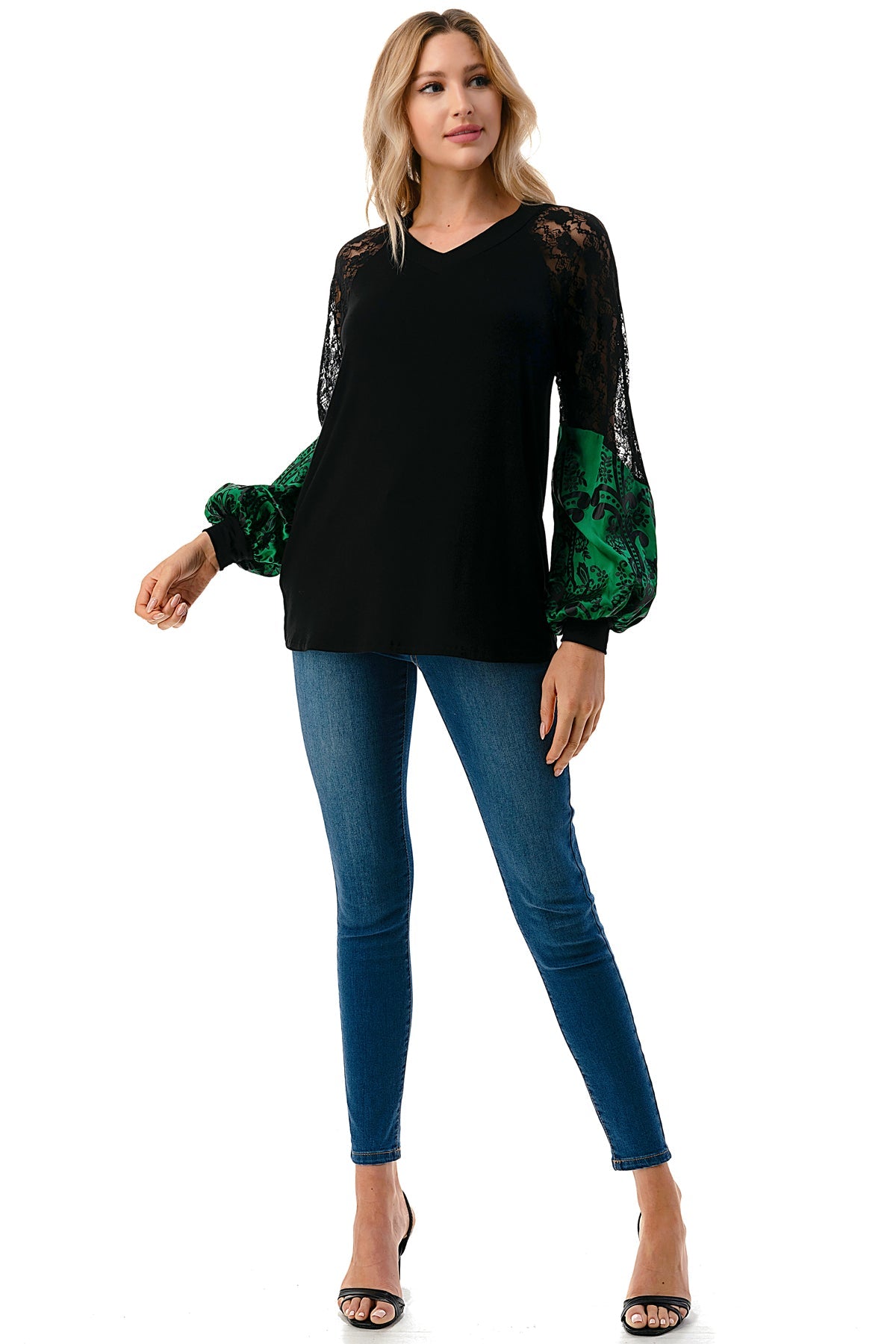 GINA V NECK TOP (BLACK/GREEN FLORAL SILK)- VT2647
