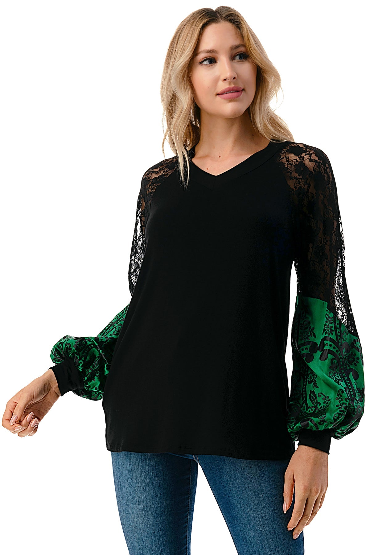 GINA V NECK TOP (BLACK/GREEN FLORAL SILK)- VT2647