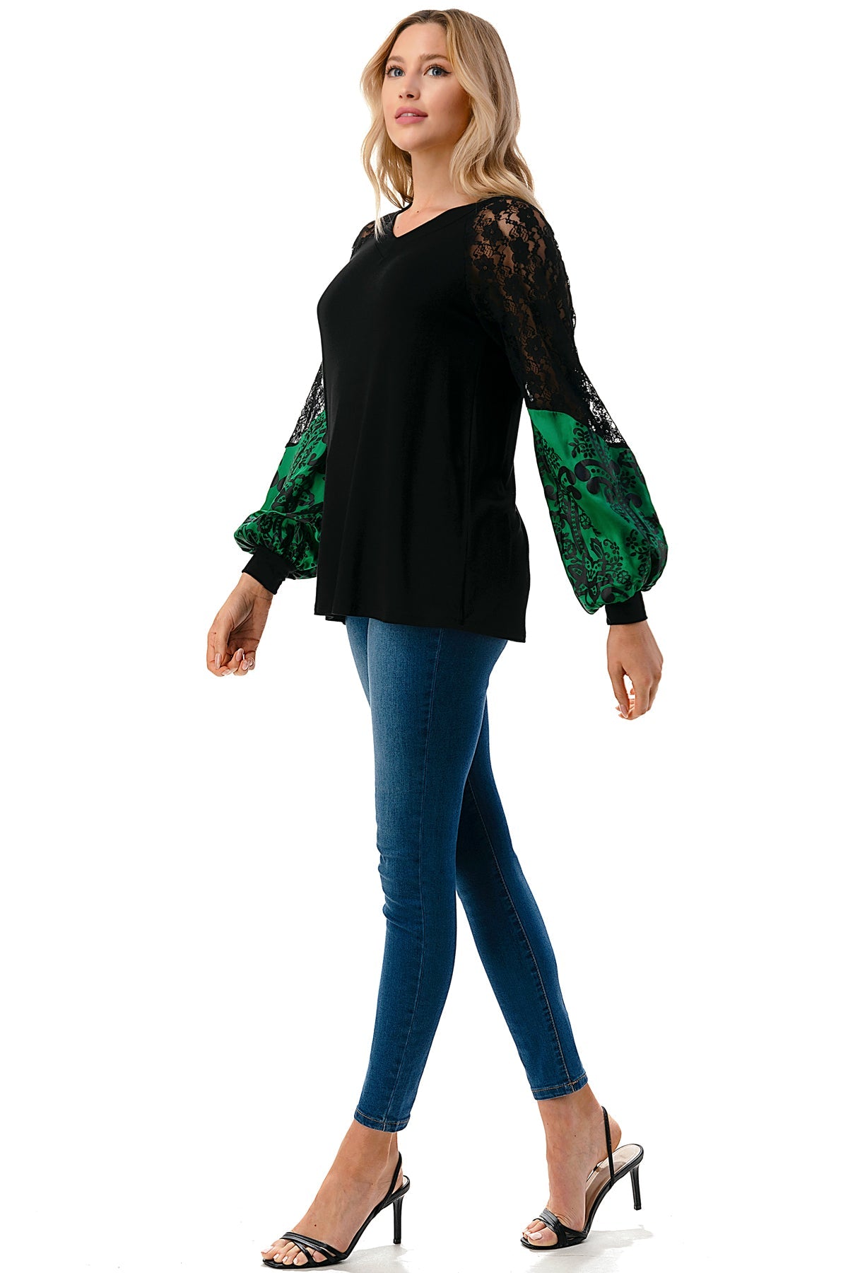 GINA V NECK TOP (BLACK/GREEN FLORAL SILK)- VT2647