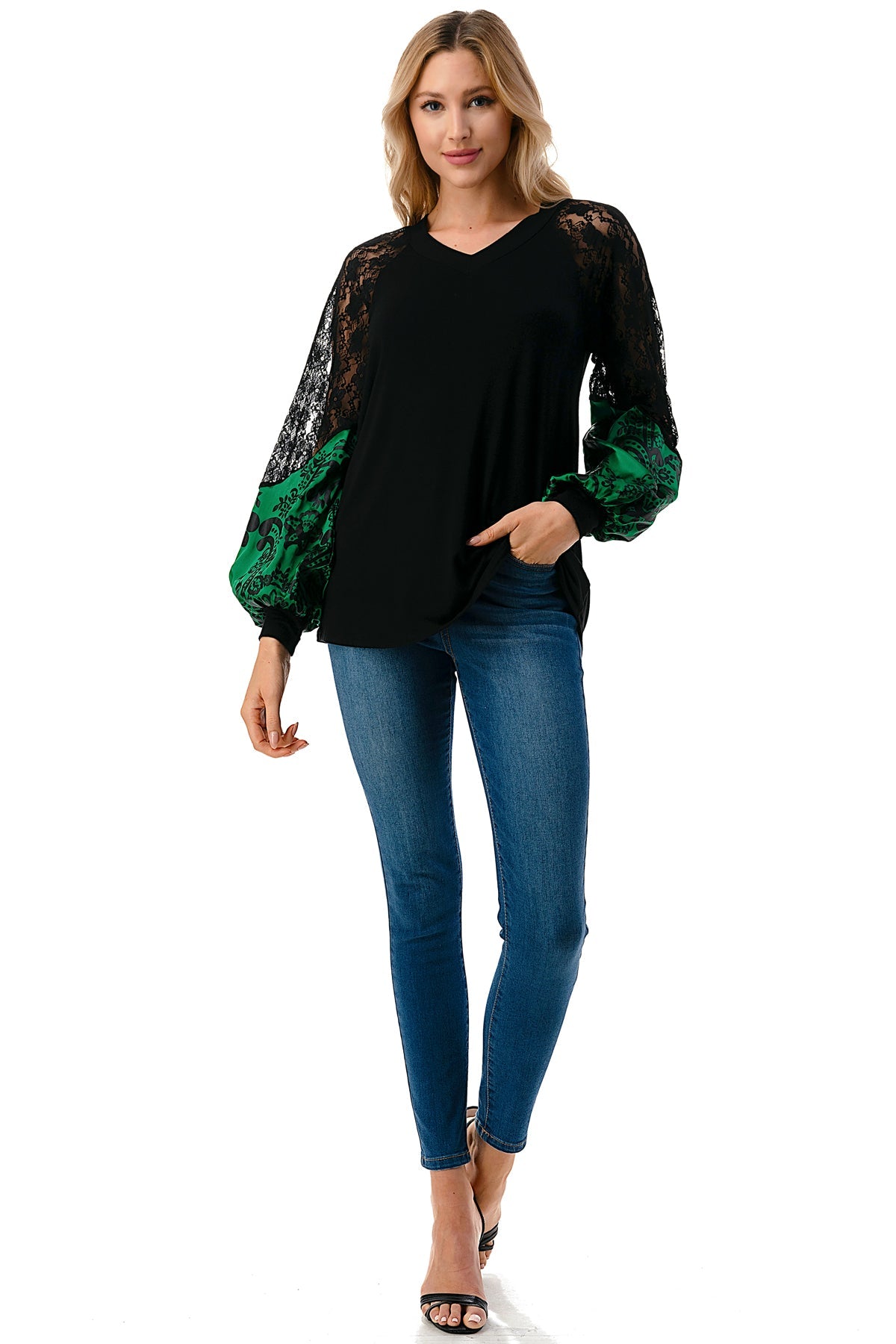 GINA V NECK TOP (BLACK/GREEN FLORAL SILK)- VT2647