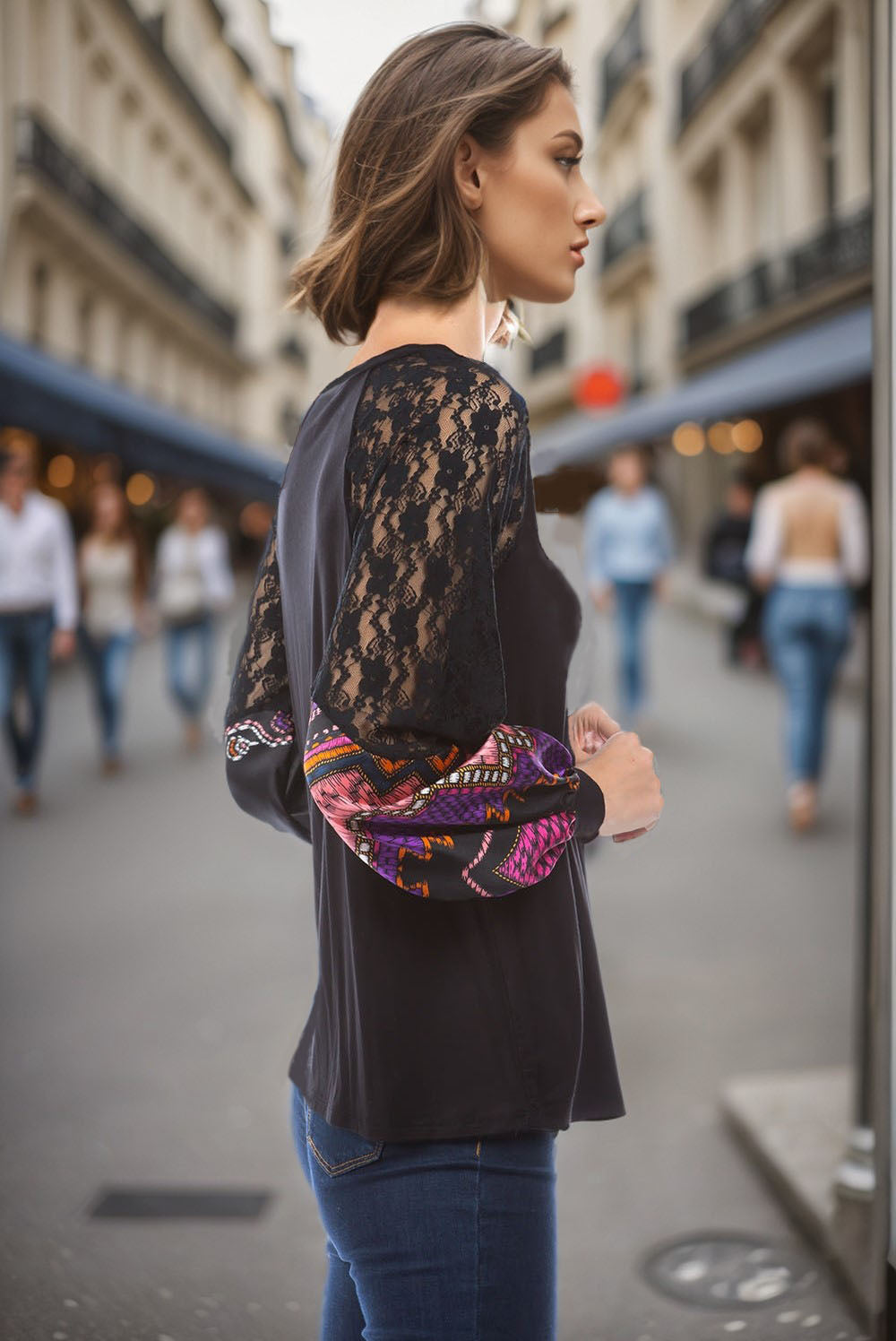 GINA V NECK TOP (BLACK/PURPLE SATIN)- VT2647