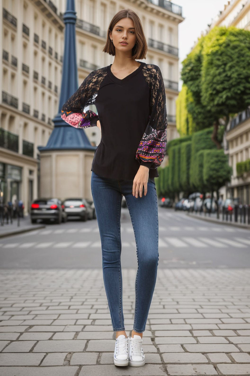 GINA V NECK TOP (BLACK/PURPLE SATIN)- VT2647