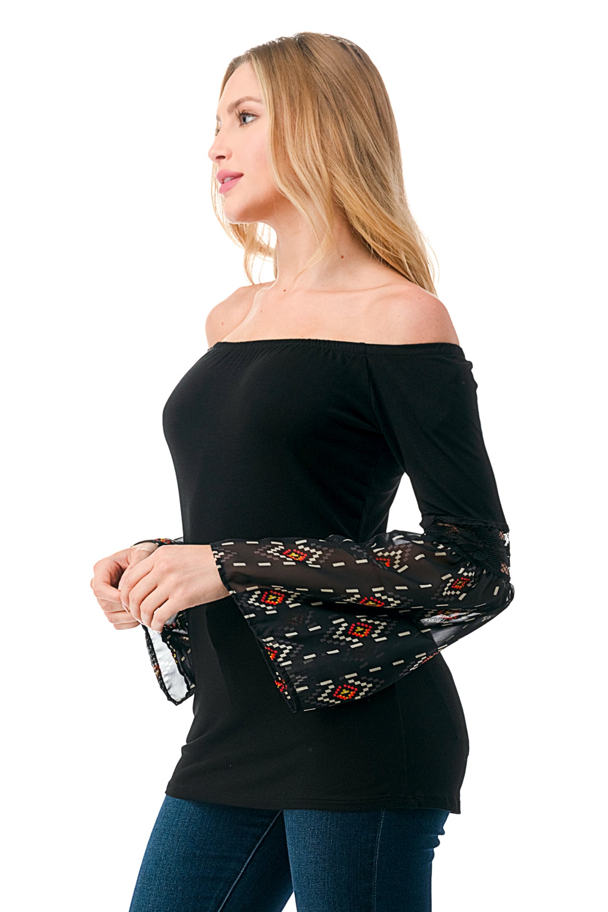 CLEO OFF SHOULDER TOP (BLACK / BLACK TRIBAL)- VT2652