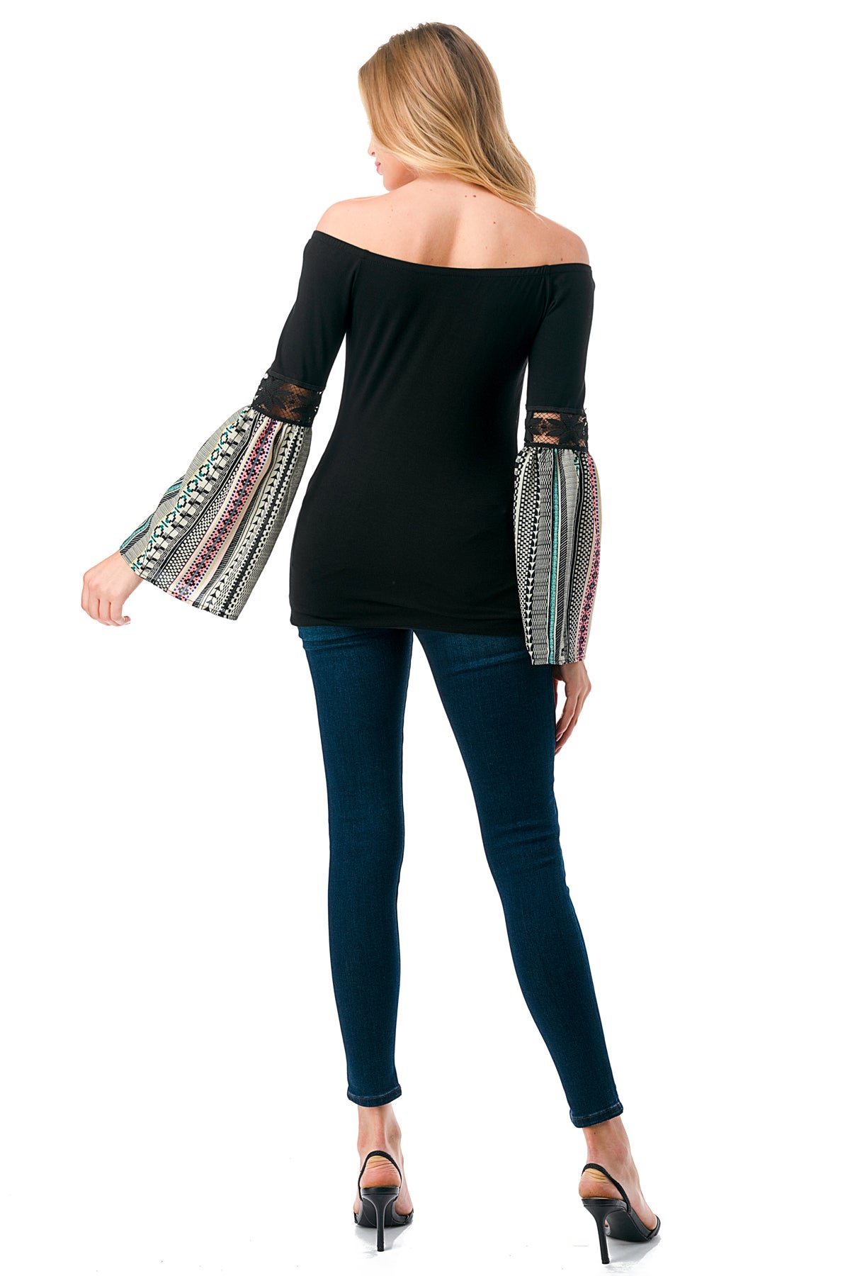 CLEO OFF SHOULDER TOP (BLACK / NEON TRIBAL)- VT2652