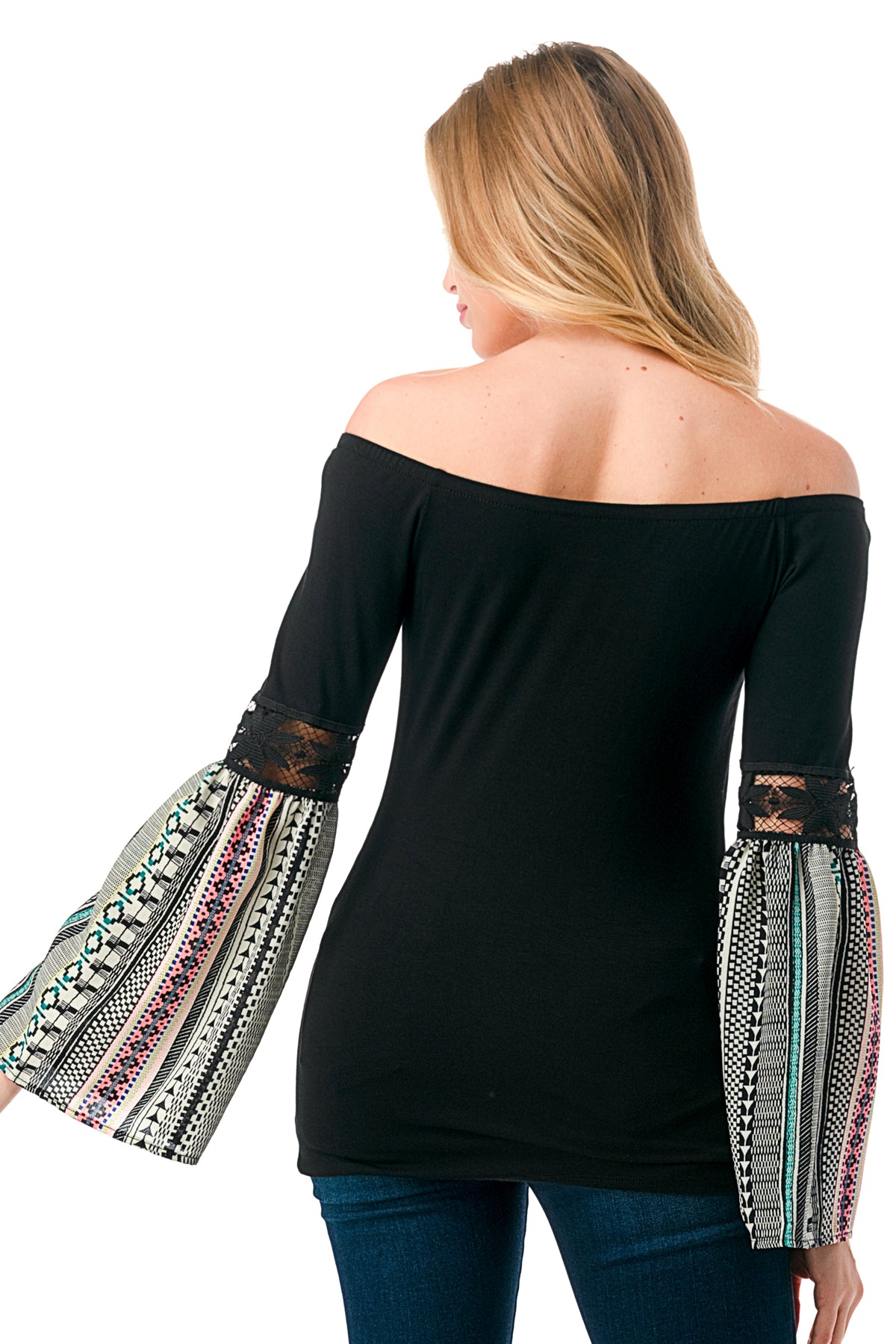 CLEO OFF SHOULDER TOP (BLACK / NEON TRIBAL)- VT2652