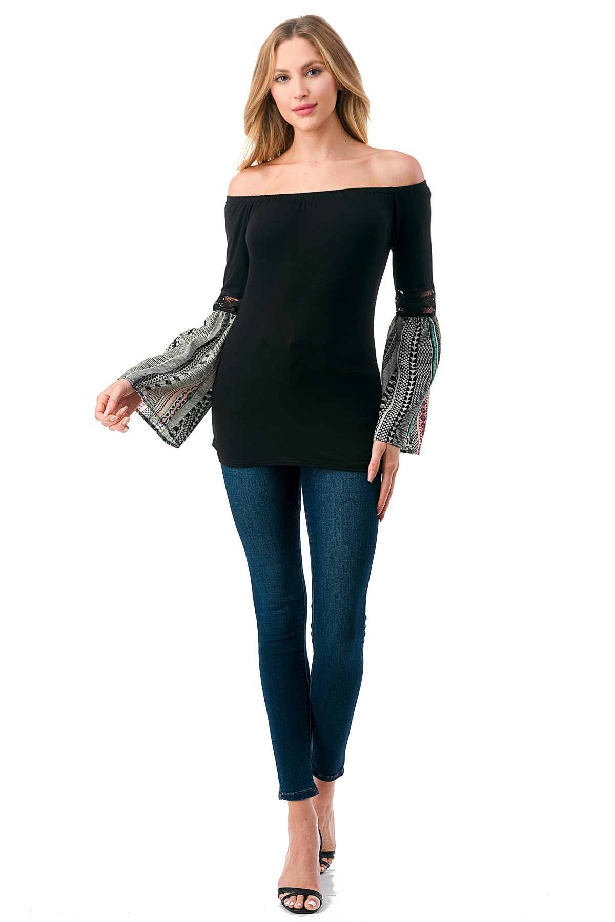 CLEO OFF SHOULDER TOP (BLACK / NEON TRIBAL)- VT2652