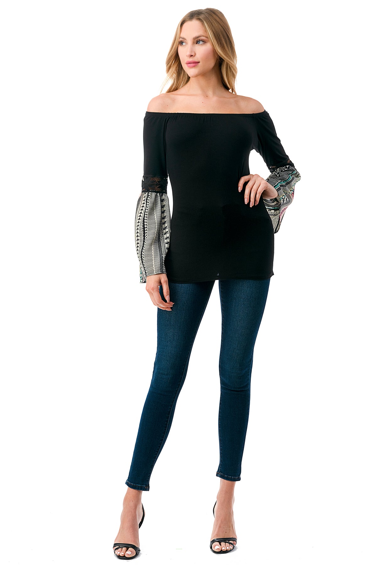 CLEO OFF SHOULDER TOP (BLACK / NEON TRIBAL)- VT2652