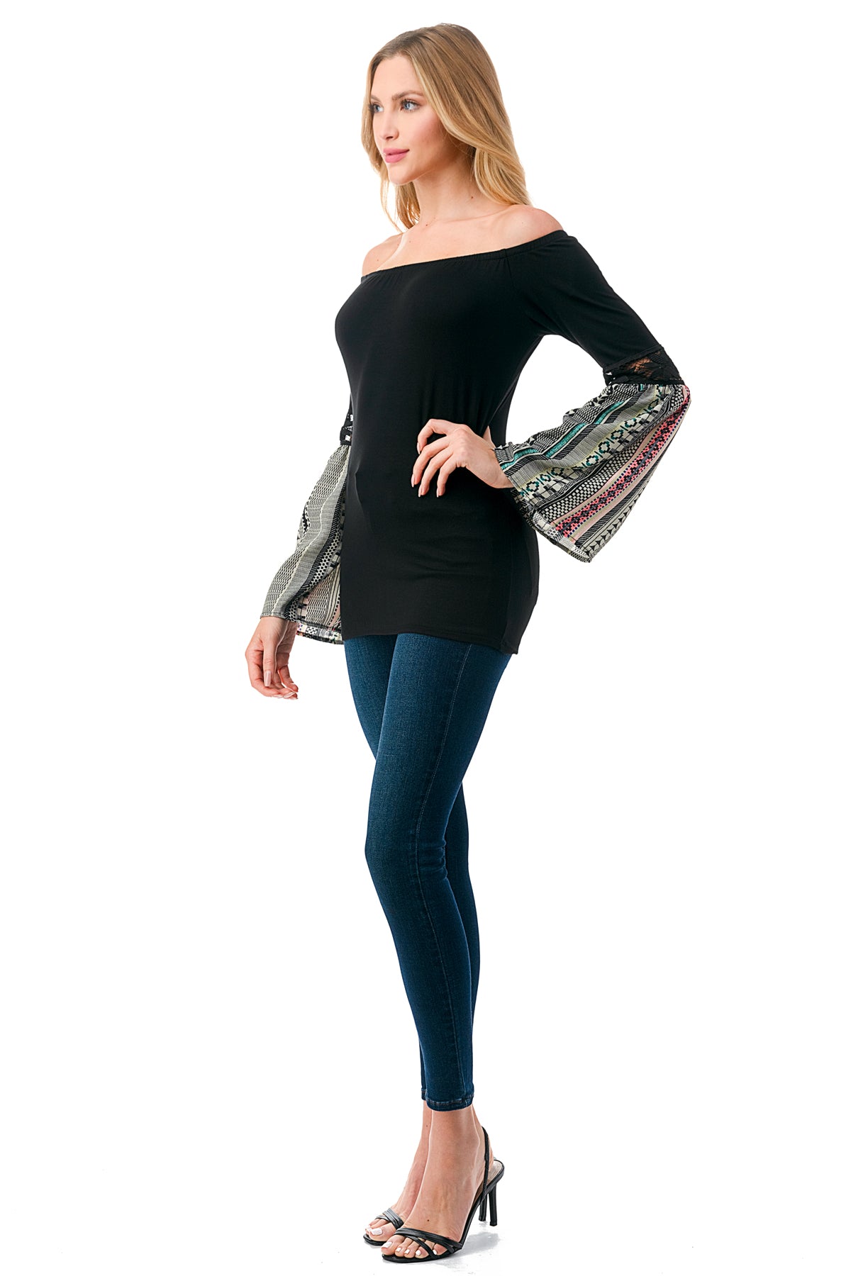CLEO OFF SHOULDER TOP (BLACK / NEON TRIBAL)- VT2652