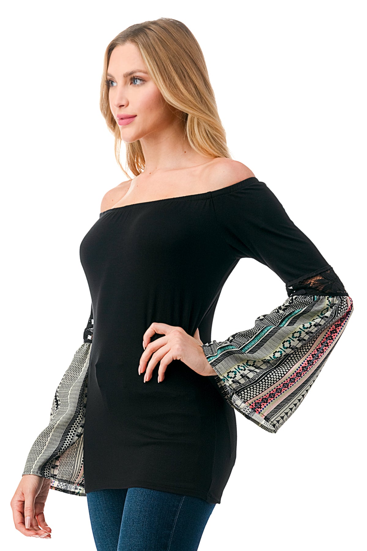 CLEO OFF SHOULDER TOP (BLACK / NEON TRIBAL)- VT2652