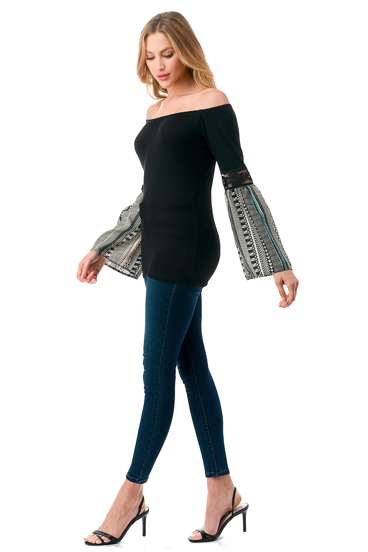 CLEO OFF SHOULDER TOP (BLACK / NEON TRIBAL)- VT2652