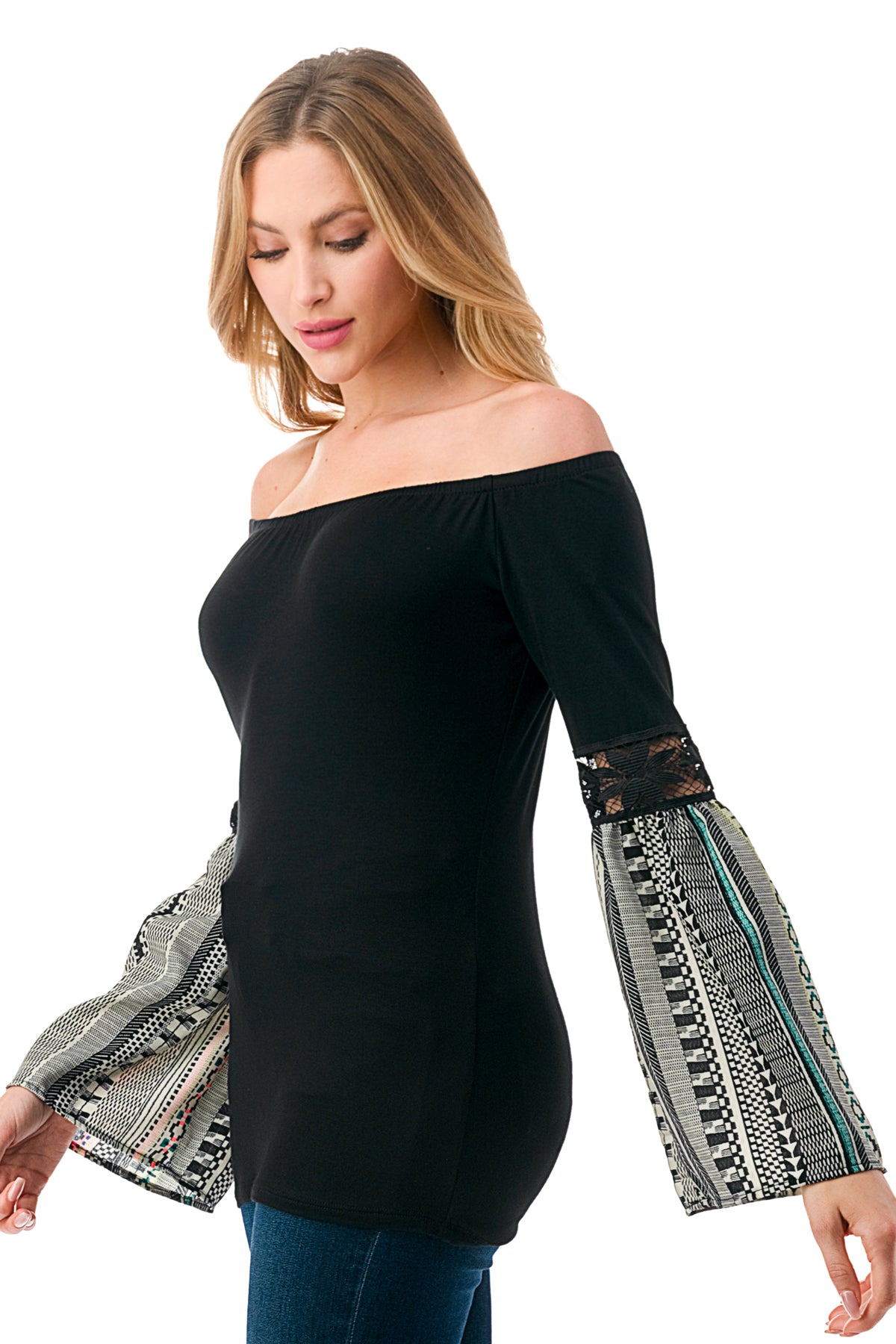 CLEO OFF SHOULDER TOP (BLACK / NEON TRIBAL)- VT2652