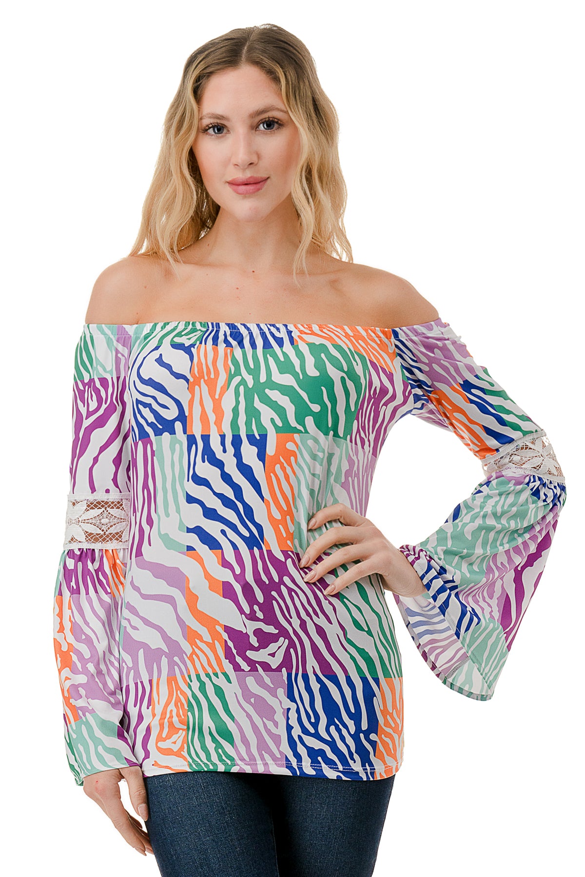 CLEO OFF SHOULDER TOP (MULTI ZEBRA)- VT2652