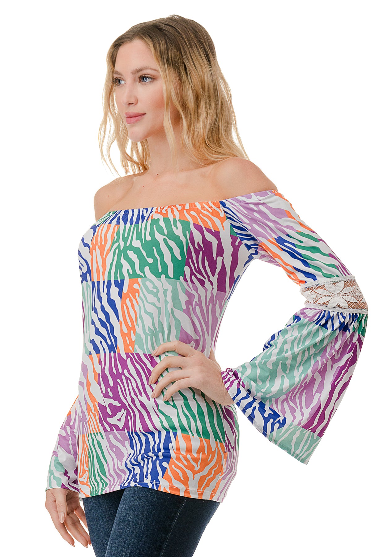CLEO OFF SHOULDER TOP (MULTI ZEBRA)- VT2652
