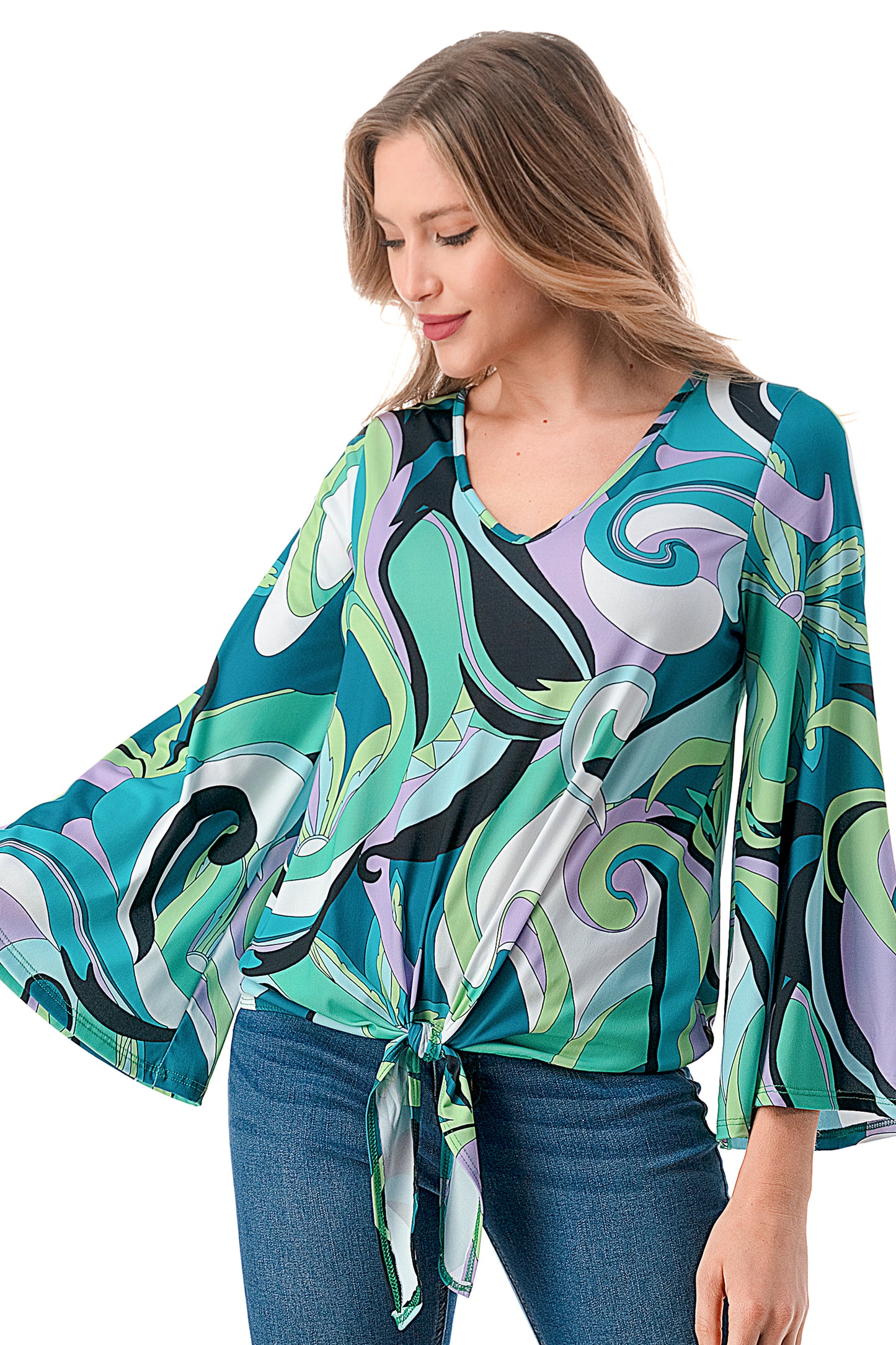 ALIA FRONT TIE TOP (GREEN PUCCI)- VT2789