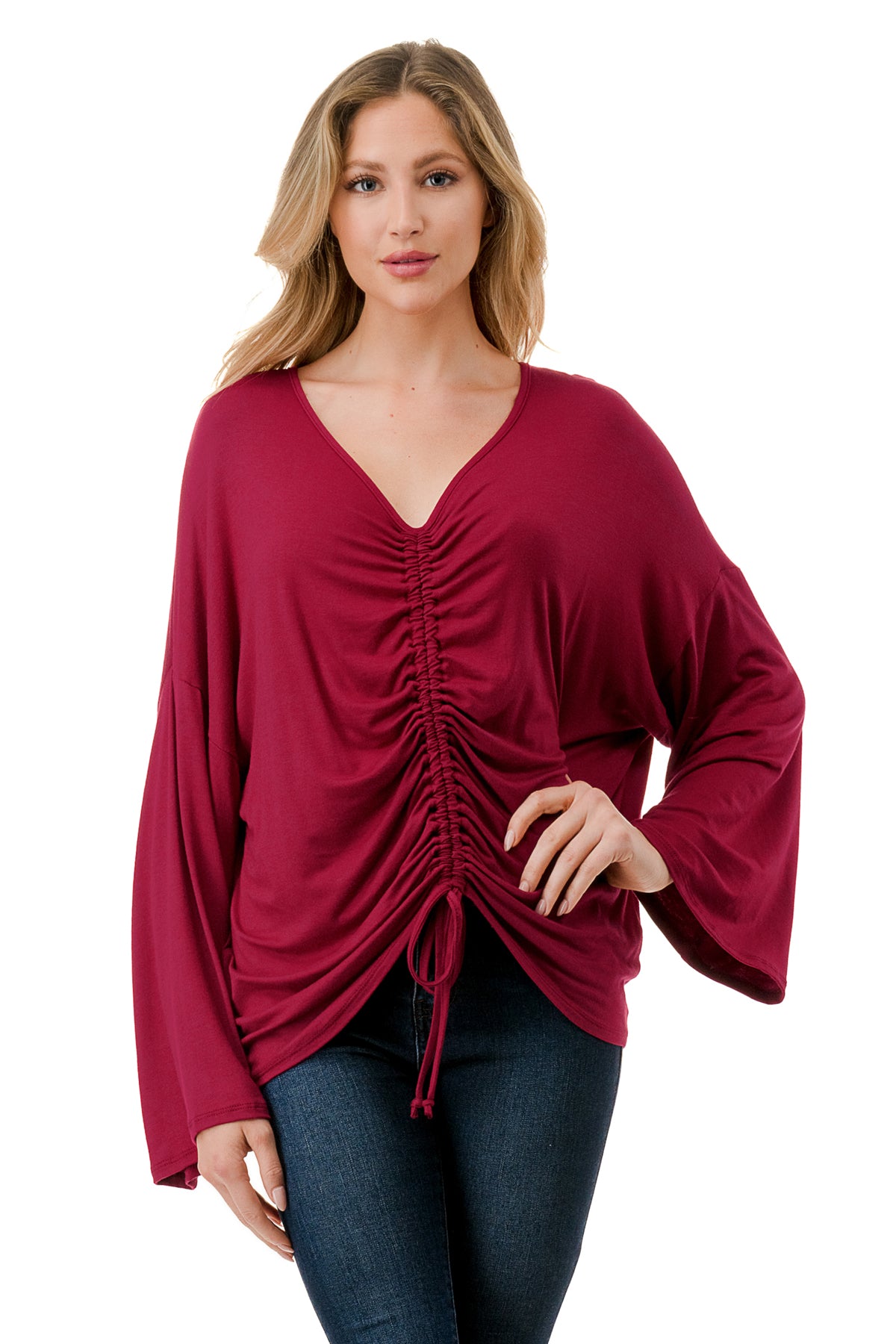 ACACIA CENTER DRAW SHIRRING TOP (WINE)- VT3006A