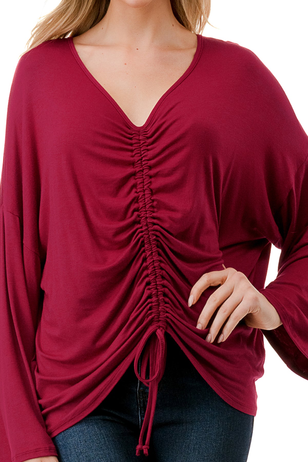 ACACIA CENTER DRAW SHIRRING TOP (WINE)- VT3006A