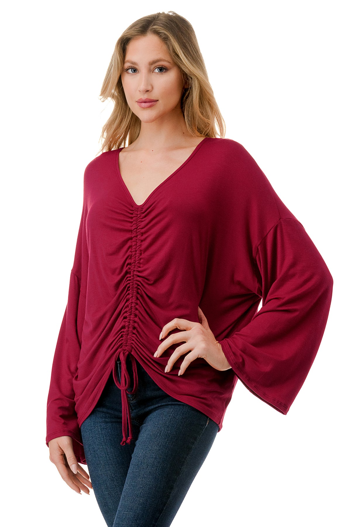 ACACIA CENTER DRAW SHIRRING TOP (WINE)- VT3006A