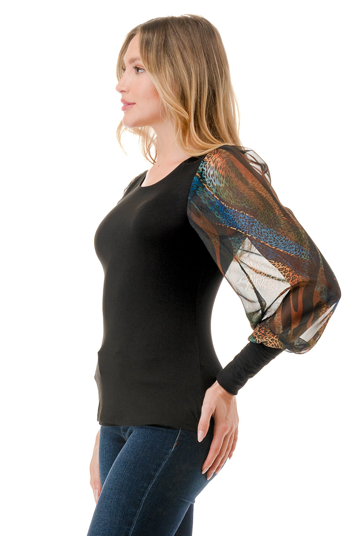 ANNIKA PUFF SLEEVE TOP (BLACK / FALL ZEBRA)- VT3019