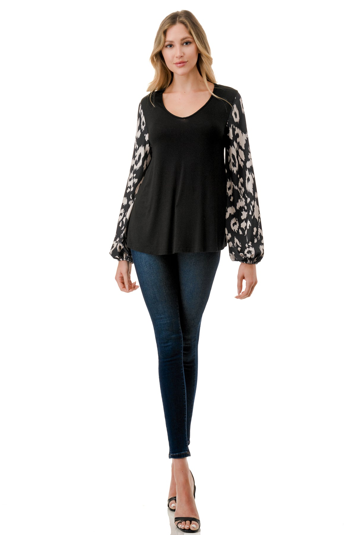 NORAH BUBBLE SLEEVE TOP (BLACK / BLACK WHITE LEOPARD)- VT3023S