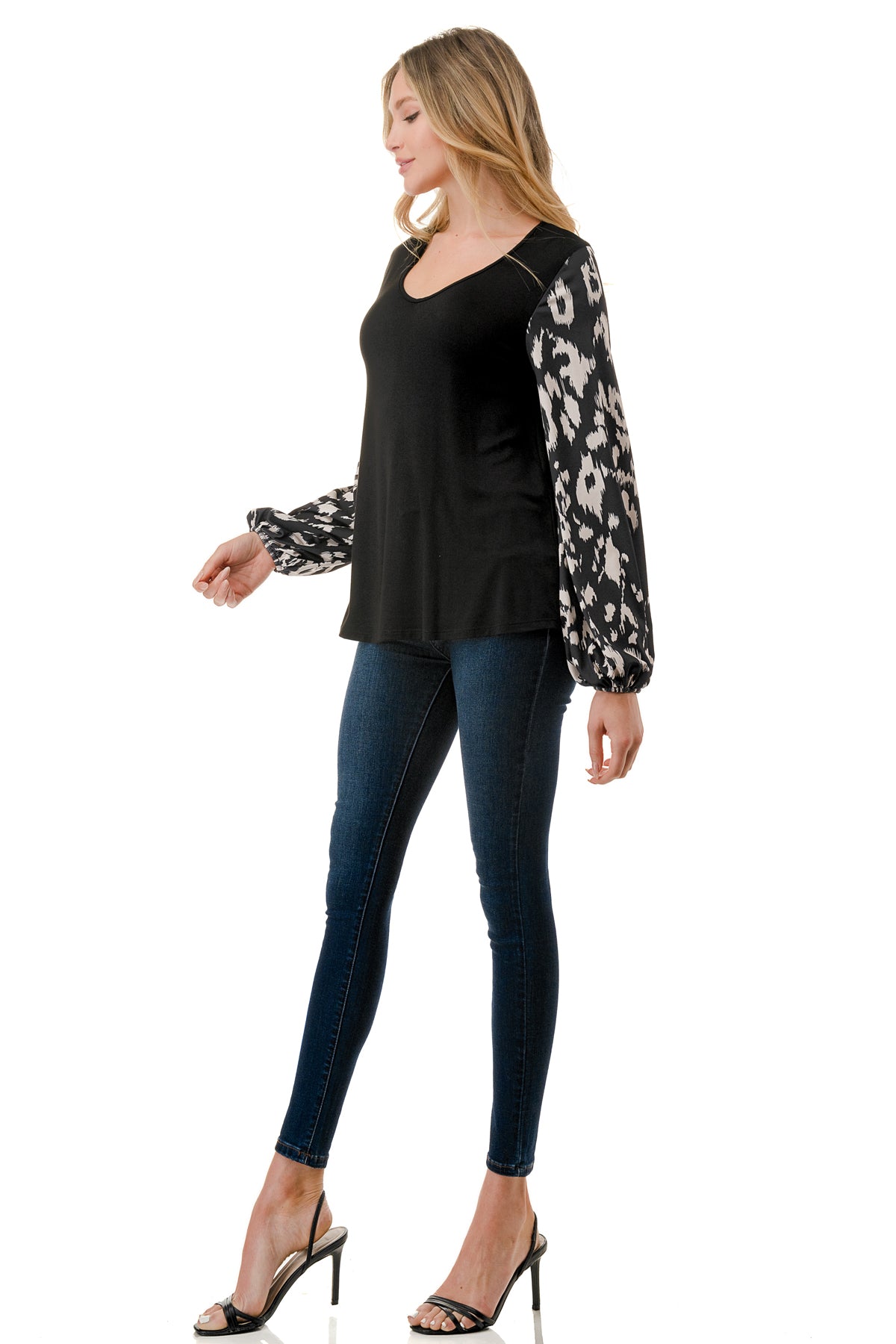 NORAH BUBBLE SLEEVE TOP (BLACK / BLACK WHITE LEOPARD)- VT3023S