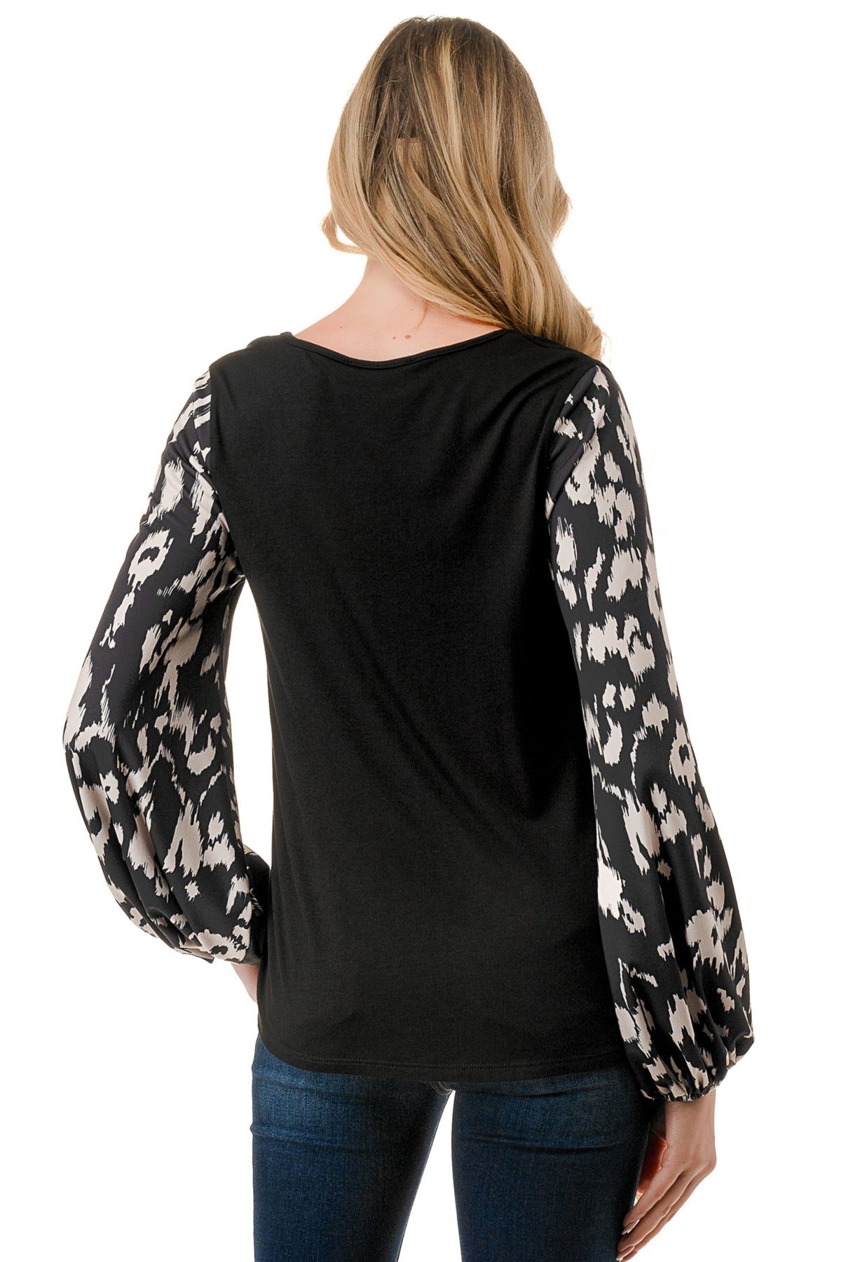 NORAH BUBBLE SLEEVE TOP (BLACK / BLACK WHITE LEOPARD)- VT3023S