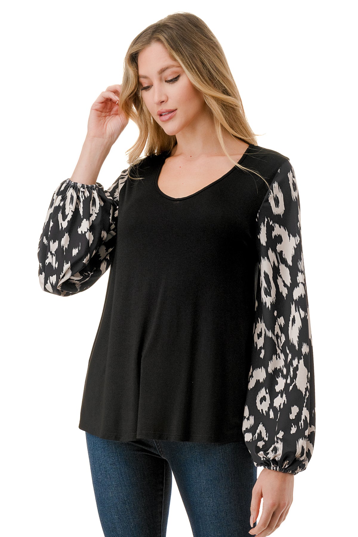 NORAH BUBBLE SLEEVE TOP (BLACK / BLACK WHITE LEOPARD)- VT3023S