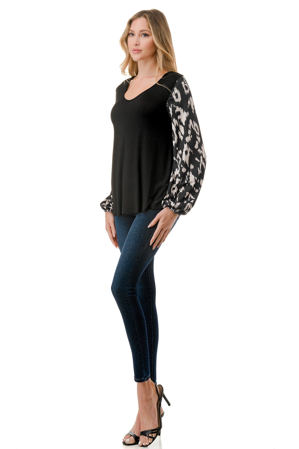 NORAH BUBBLE SLEEVE TOP (BLACK / BLACK WHITE LEOPARD)- VT3023S