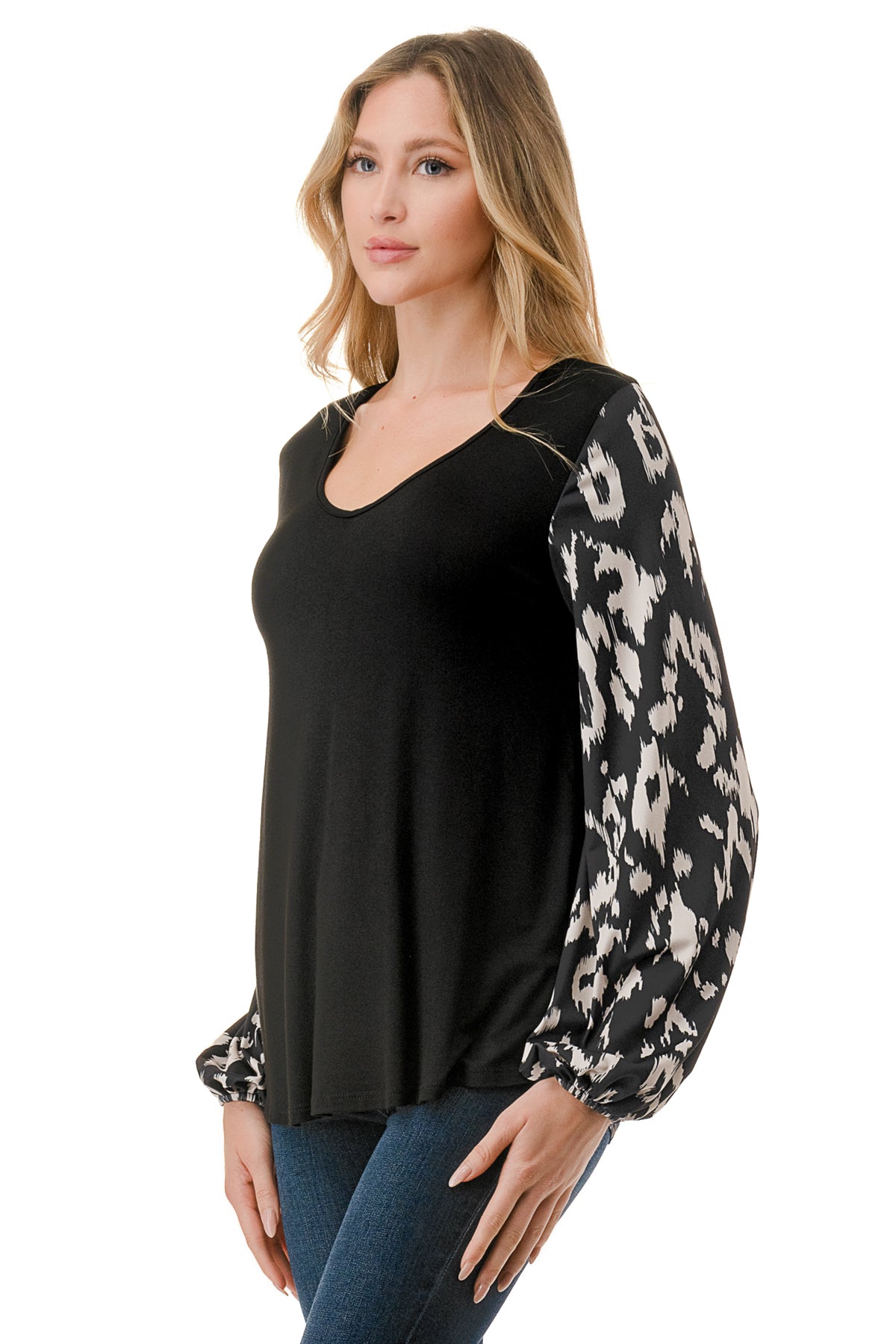 NORAH BUBBLE SLEEVE TOP (BLACK / BLACK WHITE LEOPARD)- VT3023S