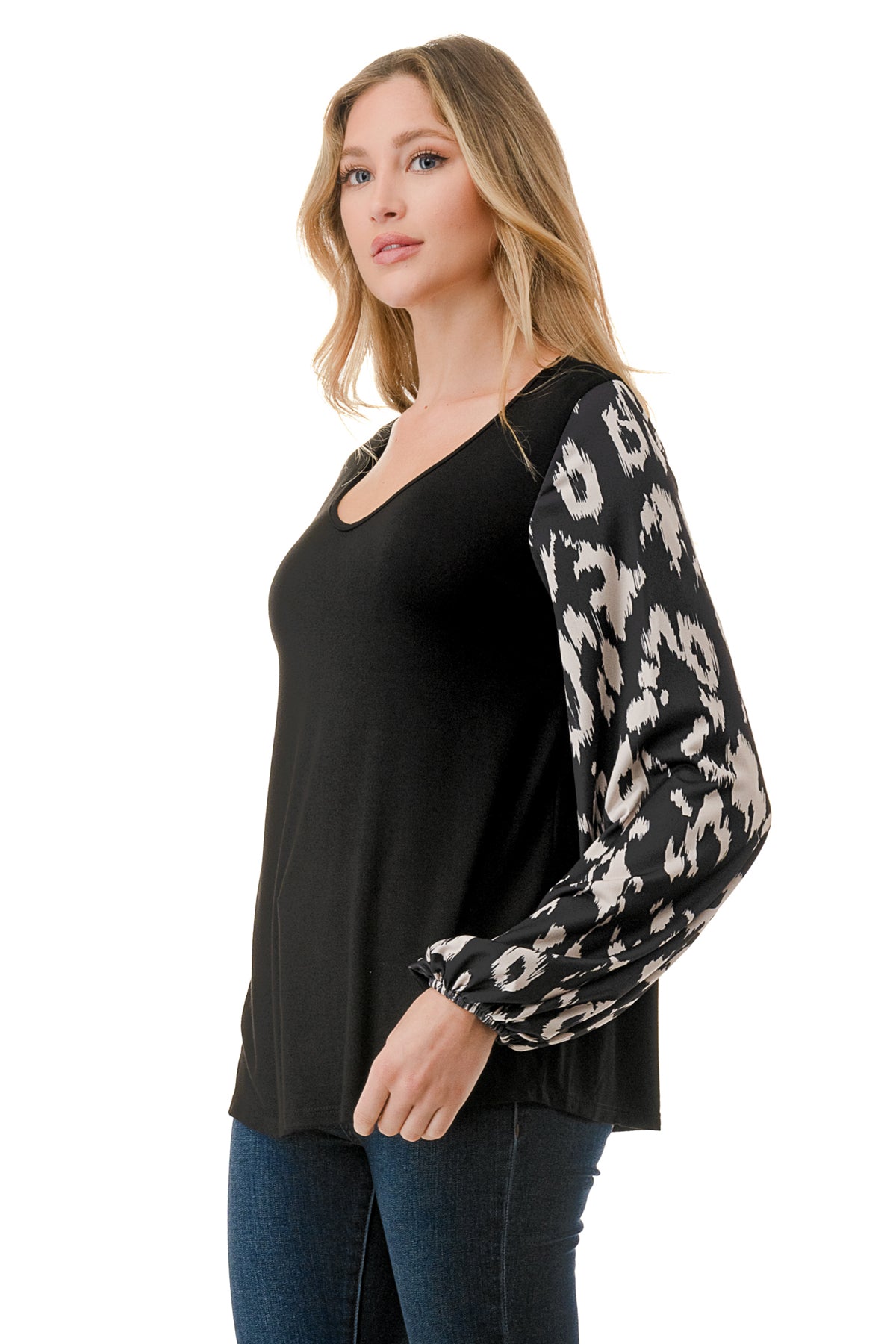 NORAH BUBBLE SLEEVE TOP (BLACK / BLACK WHITE LEOPARD)- VT3023S