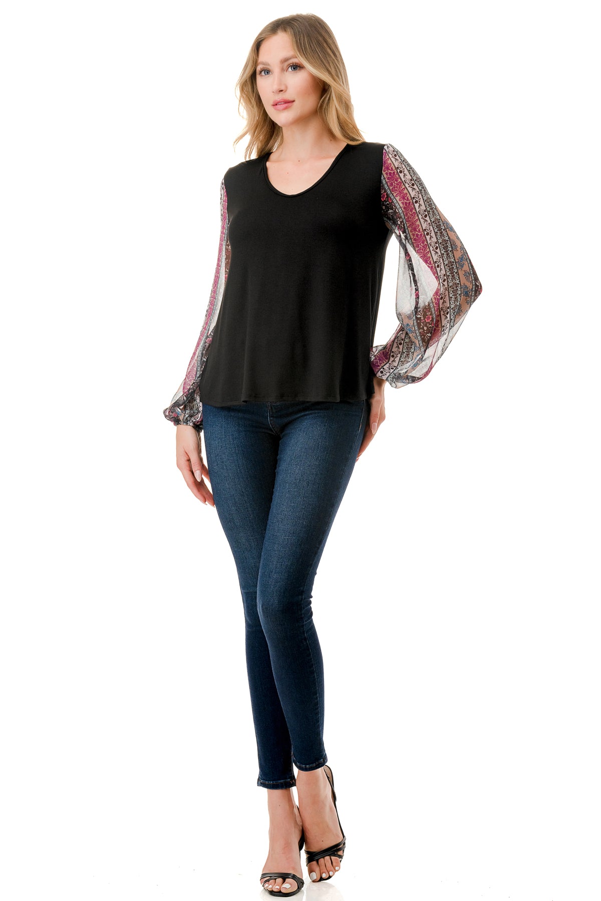 NORAH BUBBLE SLEEVE TOP (BLACK / VINTAGE BOHO)- VT3023S