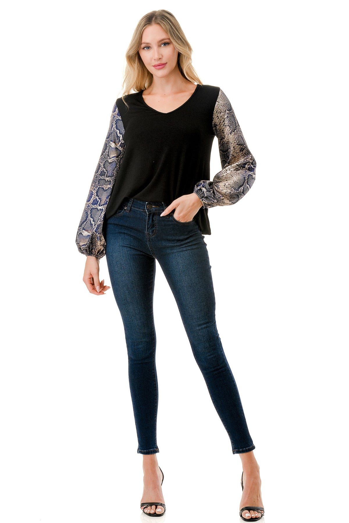 NORAH BUBBLE SLEEVE TOP (BLACK / SATIN SNAKE)- VT3023S