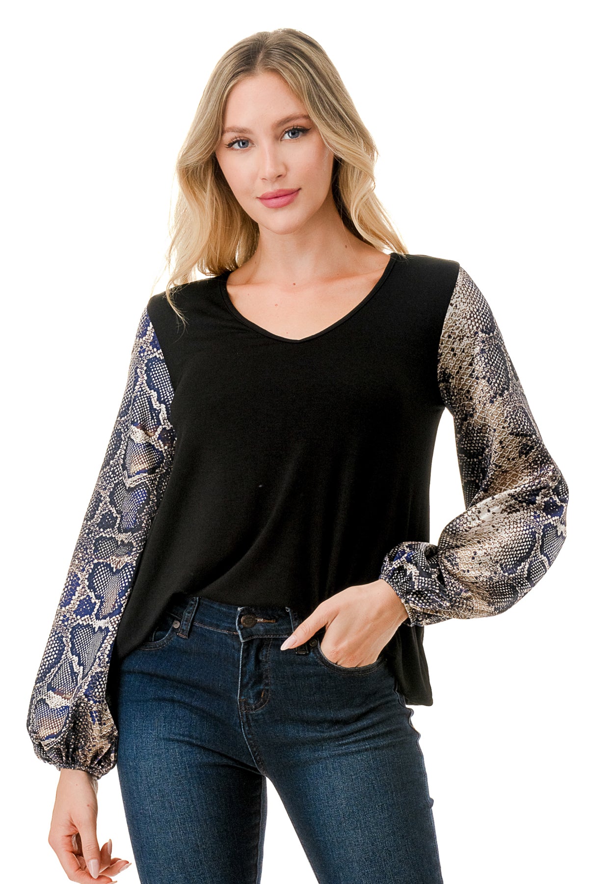 NORAH BUBBLE SLEEVE TOP (BLACK / SATIN SNAKE)- VT3023S