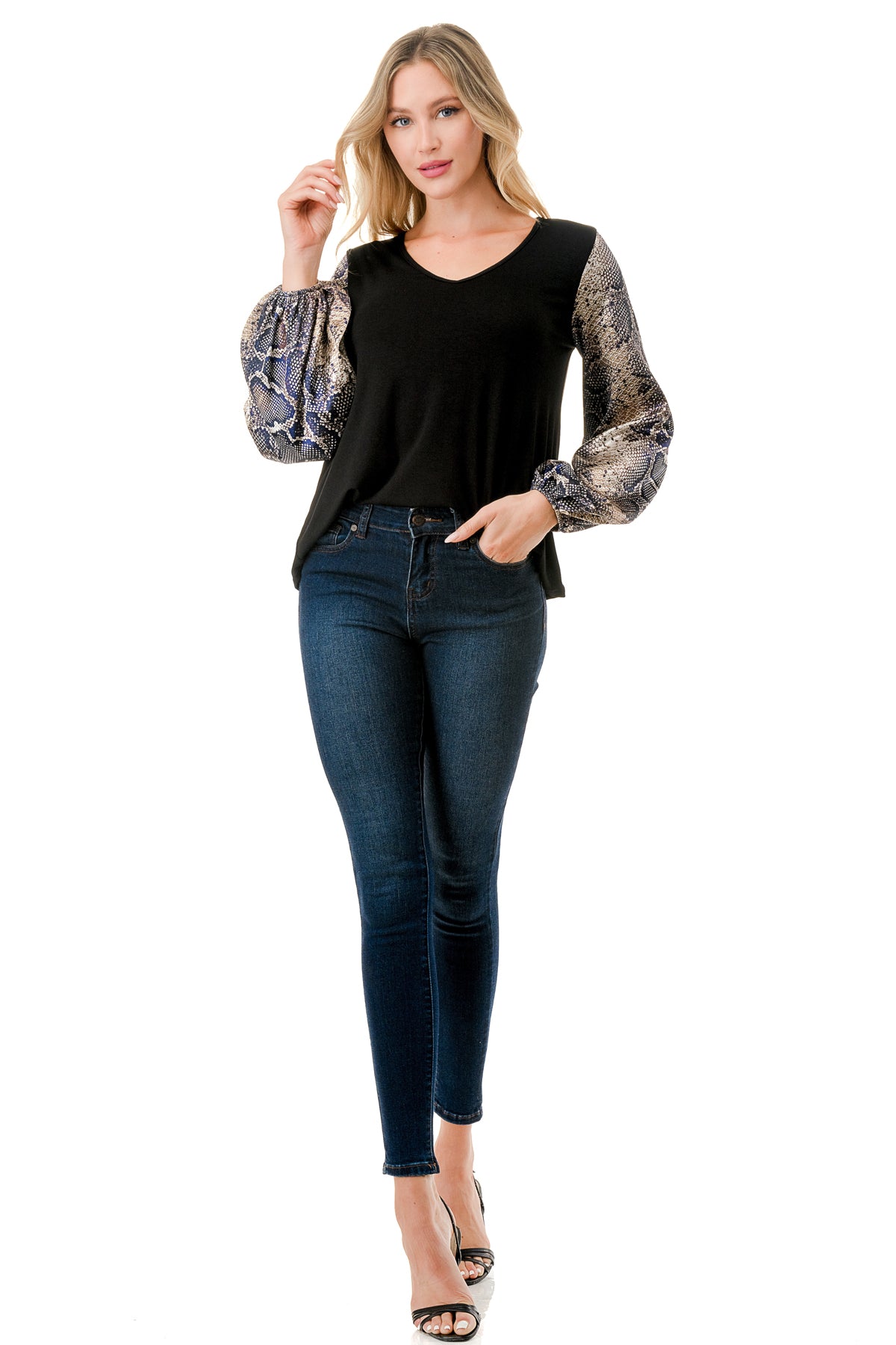 NORAH BUBBLE SLEEVE TOP (BLACK / SATIN SNAKE)- VT3023S