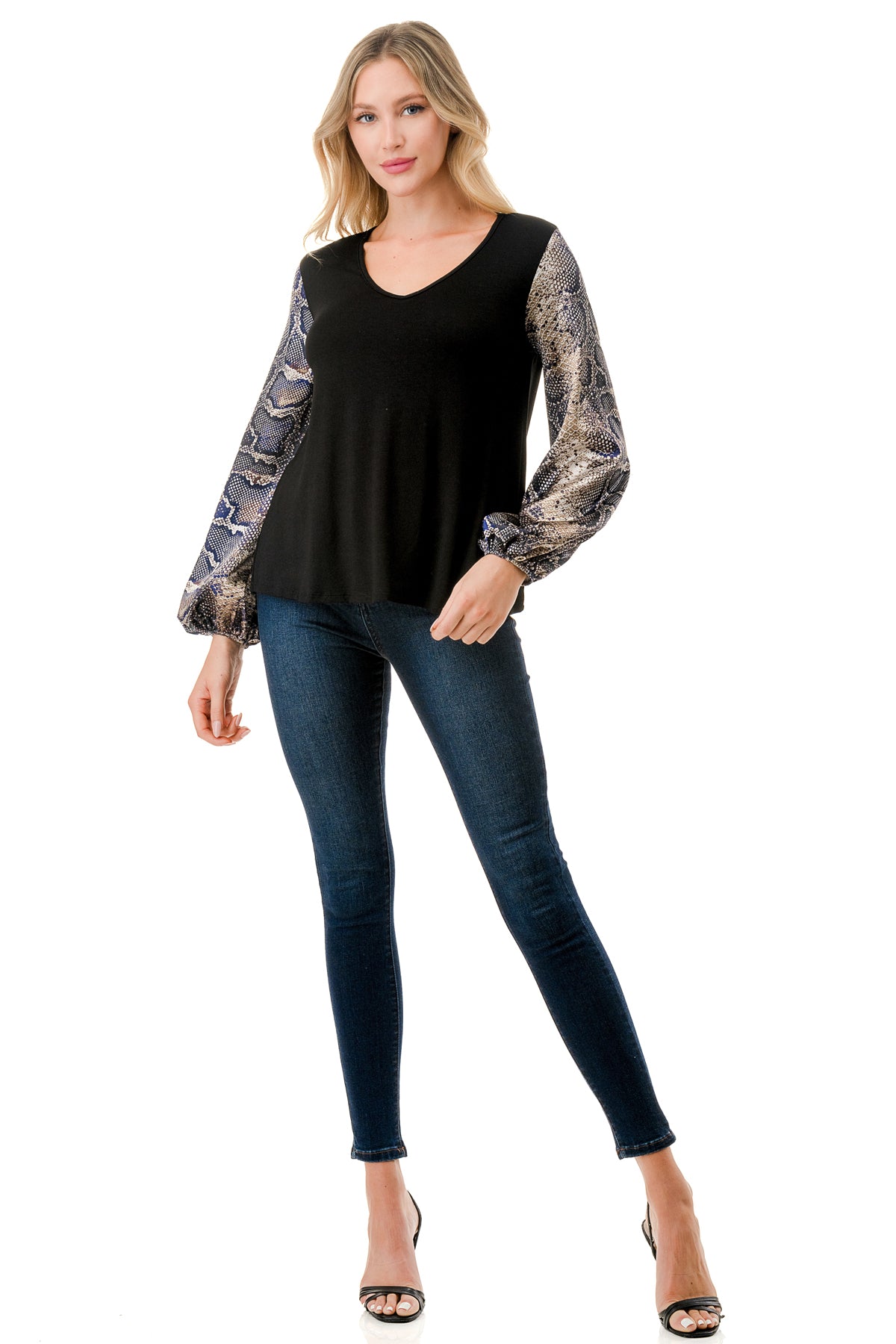 NORAH BUBBLE SLEEVE TOP (BLACK / SATIN SNAKE)- VT3023S