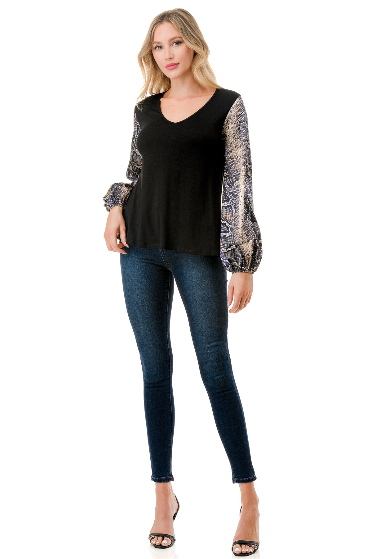 NORAH BUBBLE SLEEVE TOP (BLACK / SATIN SNAKE)- VT3023S