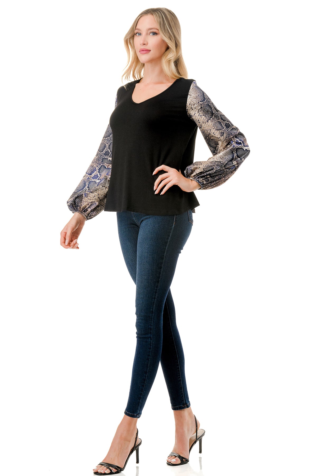 NORAH BUBBLE SLEEVE TOP (BLACK / SATIN SNAKE)- VT3023S