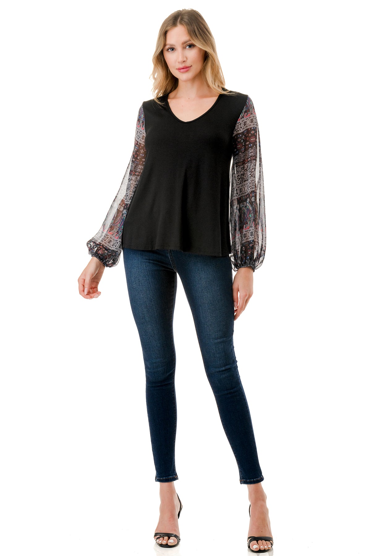 NORAH BUBBLE SLEEVE TOP (BLACK / VINTAGE BOHO)- VT3023S
