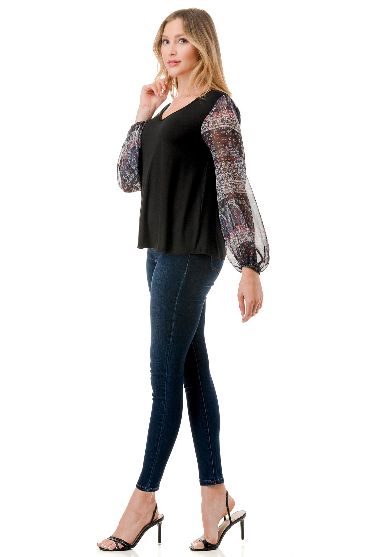 NORAH BUBBLE SLEEVE TOP (BLACK / VINTAGE BOHO)- VT3023S