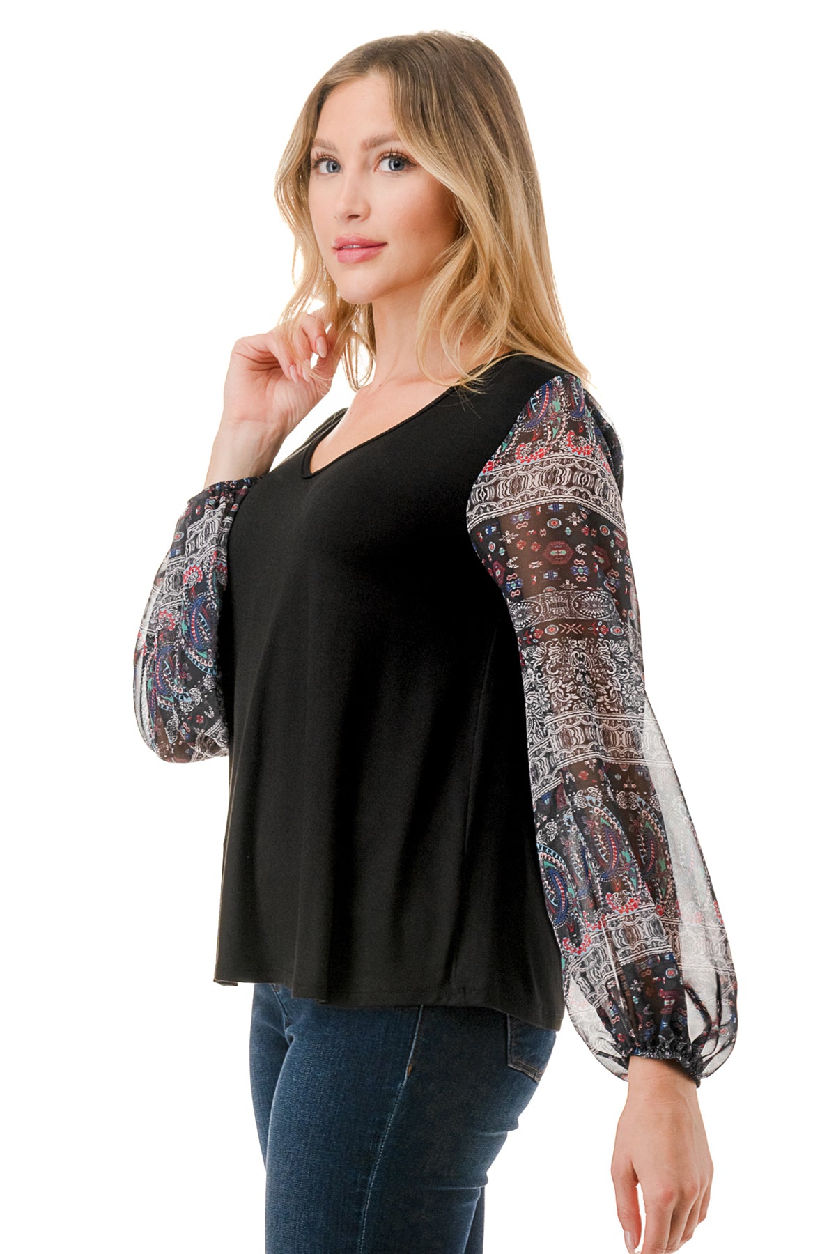 NORAH BUBBLE SLEEVE TOP (BLACK / VINTAGE BOHO)- VT3023S