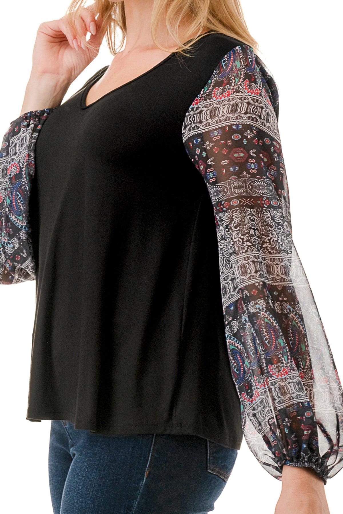 NORAH BUBBLE SLEEVE TOP (BLACK / VINTAGE BOHO)- VT3023S
